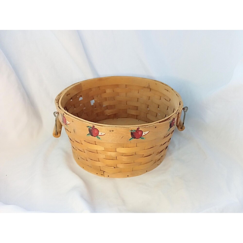 Vintage Round Basket with Handles - Painted Apples